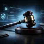 Concept image of AI regulation and legal compliance with a judge's gavel and digital security elements