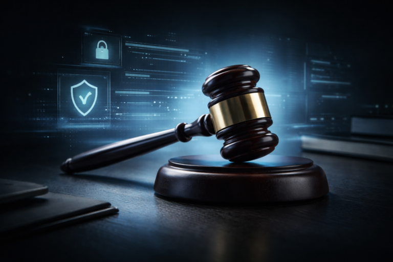 Concept image of AI regulation and legal compliance with a judge's gavel and digital security elements