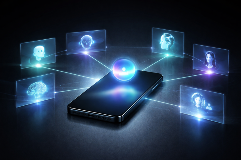 Concept image of Siri connecting users to multiple third-party AI assistants through a mobile AI marketplace