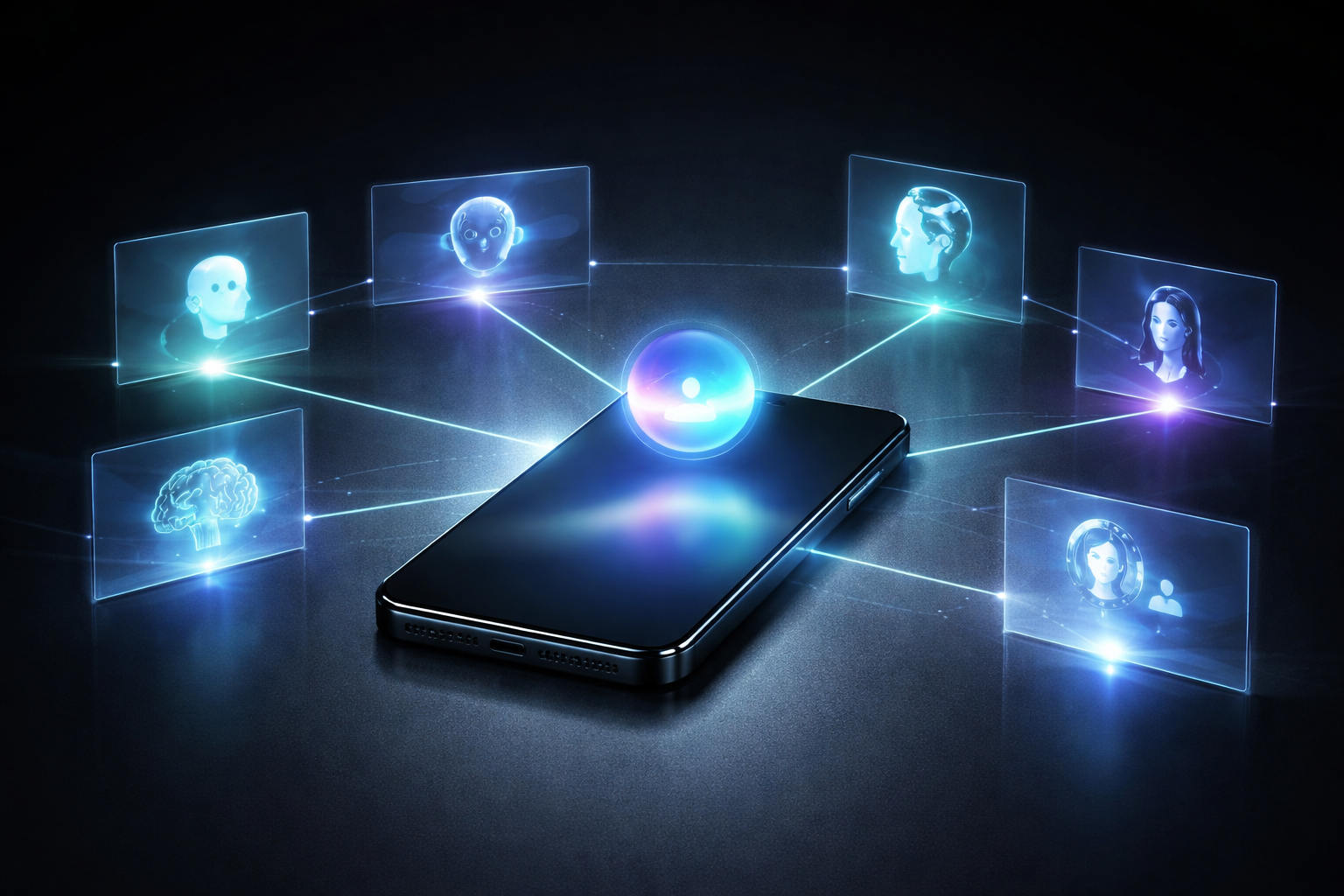 Concept image of Siri connecting users to multiple third-party AI assistants through a mobile AI marketplace