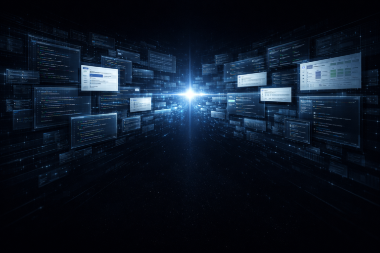 Concept image of GPT-5.4 processing large-scale context across code, documents, and data