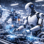 Humanoid robot working on an industrial assembly line
