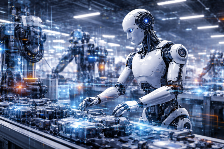 Humanoid robot working on an industrial assembly line