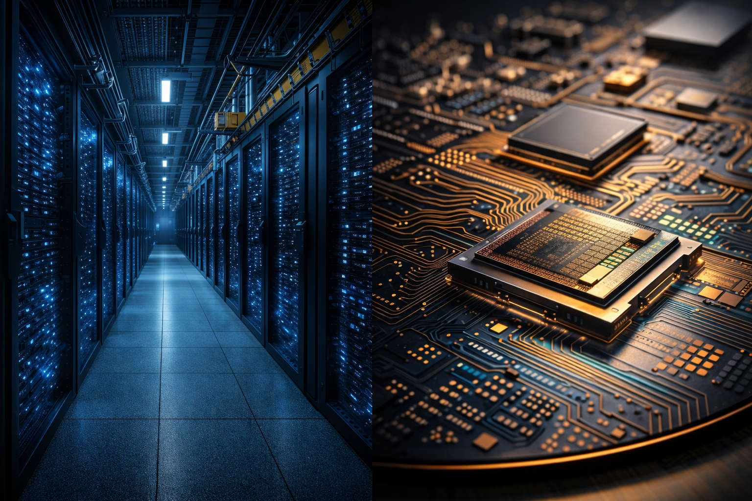 Data center server racks and AI chips illustrating AWS AI revenue disclosures and custom silicon strategy.