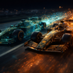 Two circuit-board race cars speeding side by side at night, symbolizing the OpenAI and Anthropic AI revenue race driven by token-intensive workloads.