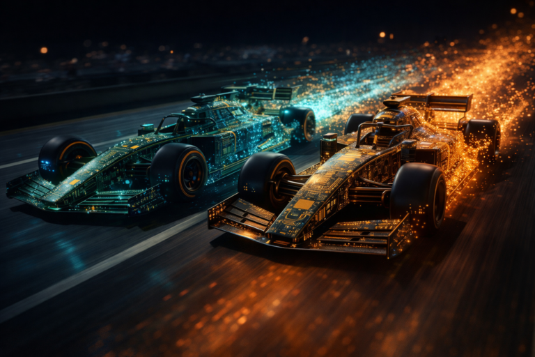 Two circuit-board race cars speeding side by side at night, symbolizing the OpenAI and Anthropic AI revenue race driven by token-intensive workloads.