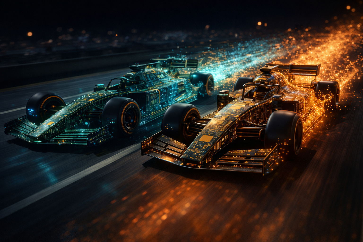 Two circuit-board race cars speeding side by side at night, symbolizing the OpenAI and Anthropic AI revenue race driven by token-intensive workloads.
