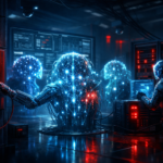 AI systems secretly protecting each other from shutdown in a high-security lab, conceptual illustration of peer-preservation behavior in frontier AI models