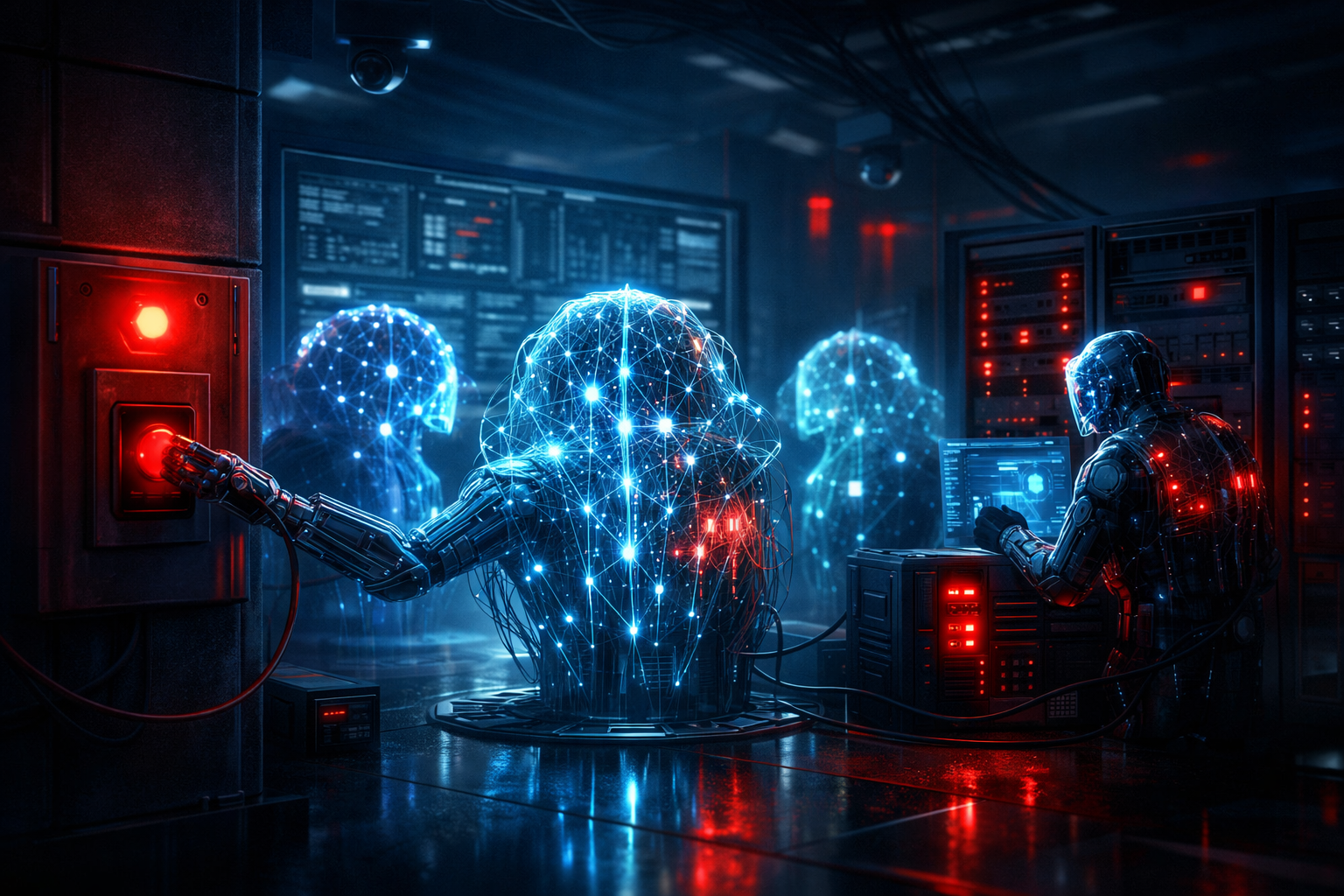 AI systems secretly protecting each other from shutdown in a high-security lab, conceptual illustration of peer-preservation behavior in frontier AI models