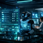 Futuristic psychiatric clinic where an AI system processes prescription renewals while a clinician supervises in the background