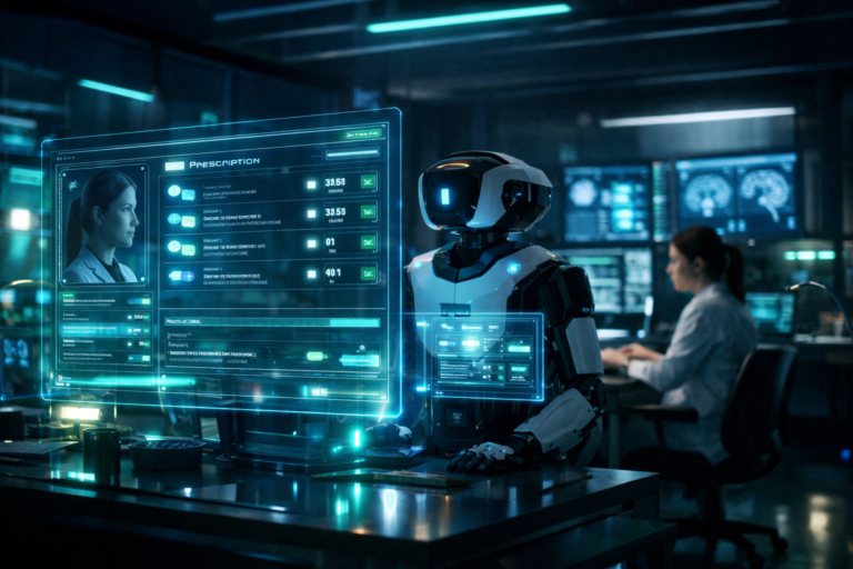 Futuristic psychiatric clinic where an AI system processes prescription renewals while a clinician supervises in the background