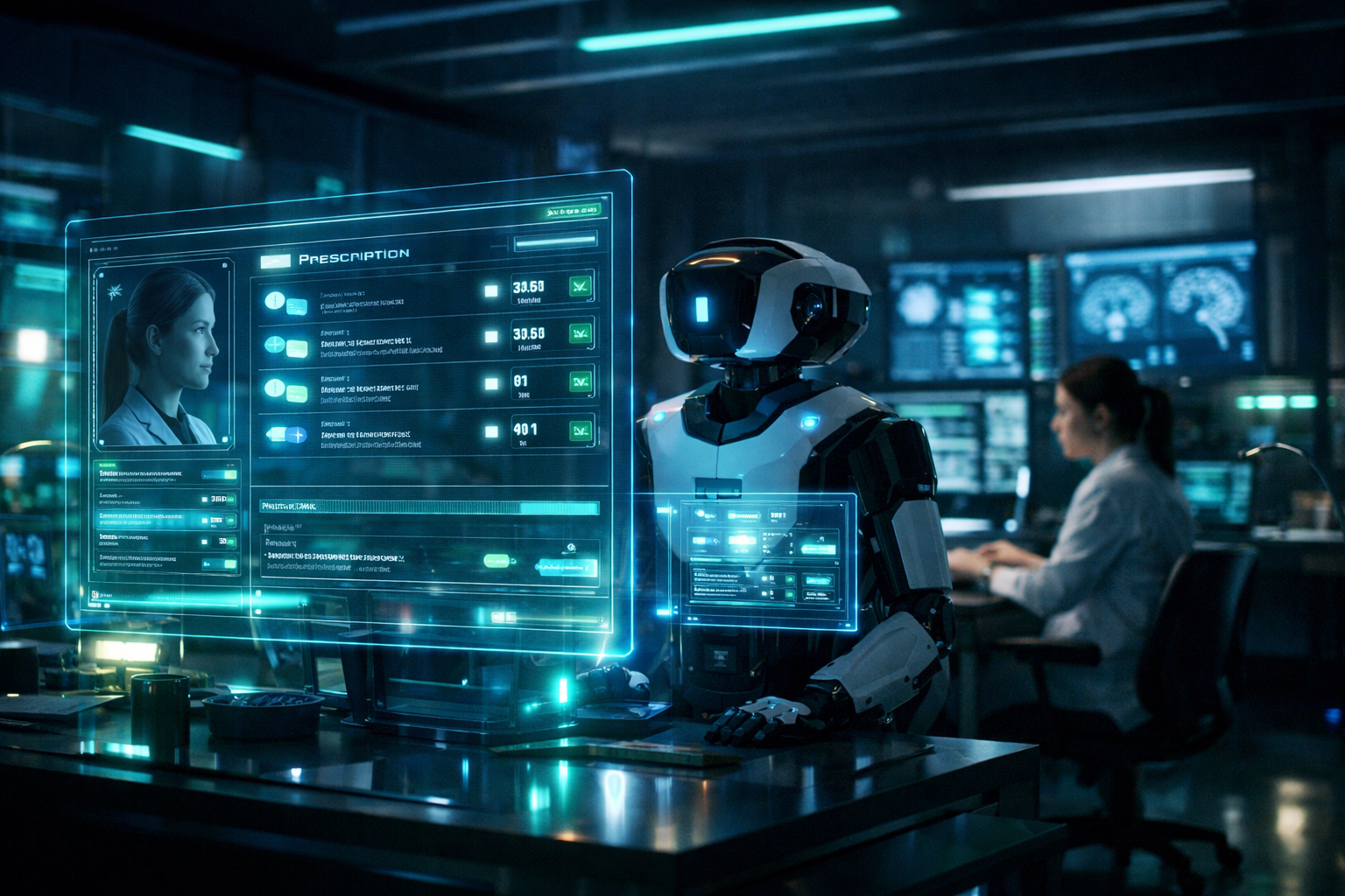 Futuristic psychiatric clinic where an AI system processes prescription renewals while a clinician supervises in the background
