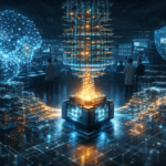 Futuristic quantum computing lab with an AI neural interface, compressed qubit stacks, and RSA encryption shields, illustrating an AI-discovered error-correction breakthrough that could accelerate quantum attacks on internet security