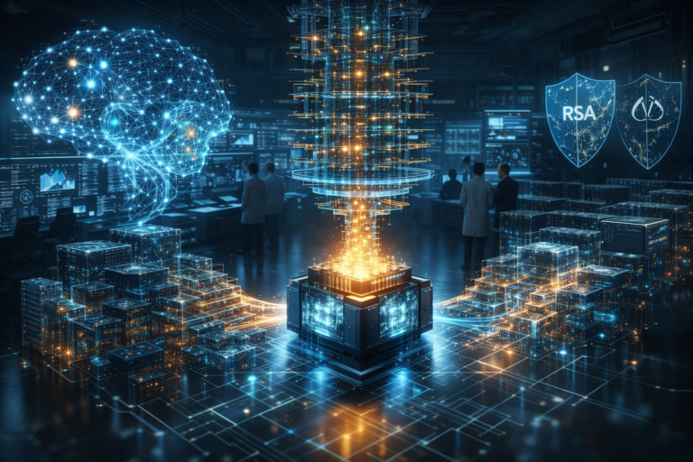 Futuristic quantum computing lab with an AI neural interface, compressed qubit stacks, and RSA encryption shields, illustrating an AI-discovered error-correction breakthrough that could accelerate quantum attacks on internet security