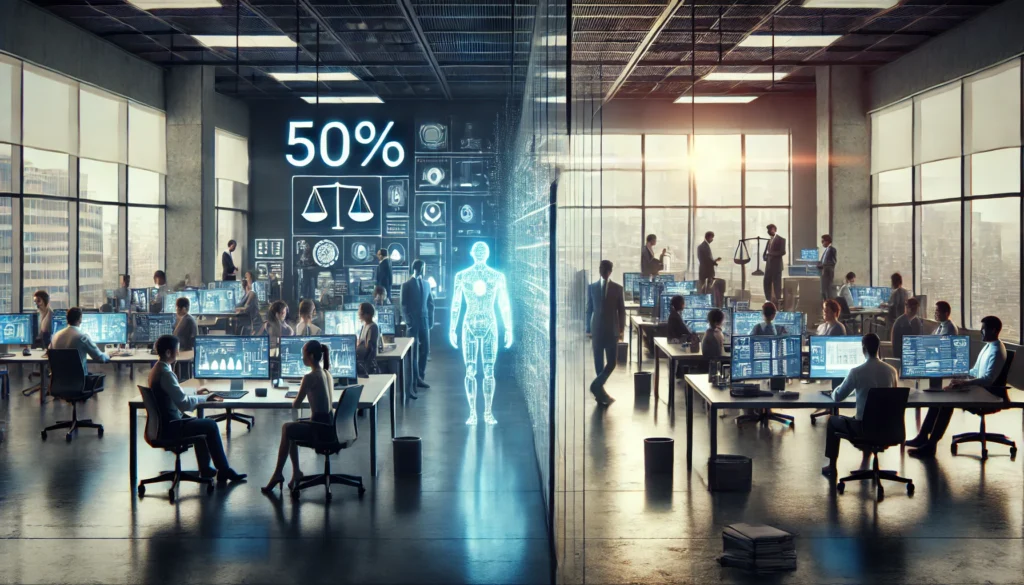 Editorial-style image of a modern U.S. office split between employees productively using AI tools and workers facing stress, disruption, and automation, symbolizing that 50% of U.S. workers now use artificial intelligence.