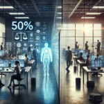 Editorial-style image of a modern U.S. office split between employees productively using AI tools and workers facing stress, disruption, and automation, symbolizing that 50% of U.S. workers now use artificial intelligence.