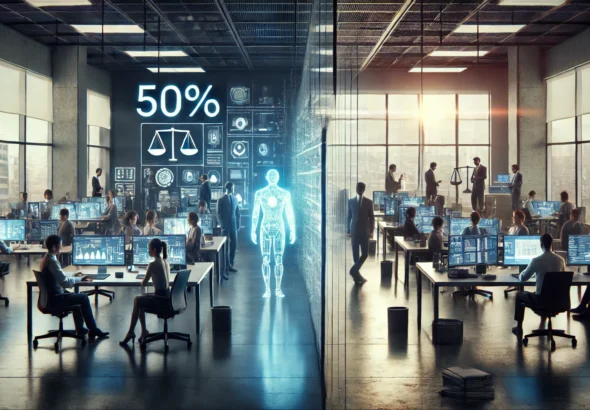 Editorial-style image of a modern U.S. office split between employees productively using AI tools and workers facing stress, disruption, and automation, symbolizing that 50% of U.S. workers now use artificial intelligence.