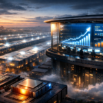 Anthropic-themed AI command center above a massive data center campus, with revenue growth dashboards and advanced TPU chip infrastructure symbolizing the company’s $30 billion annualized revenue and major Google-Broadcom compute deal