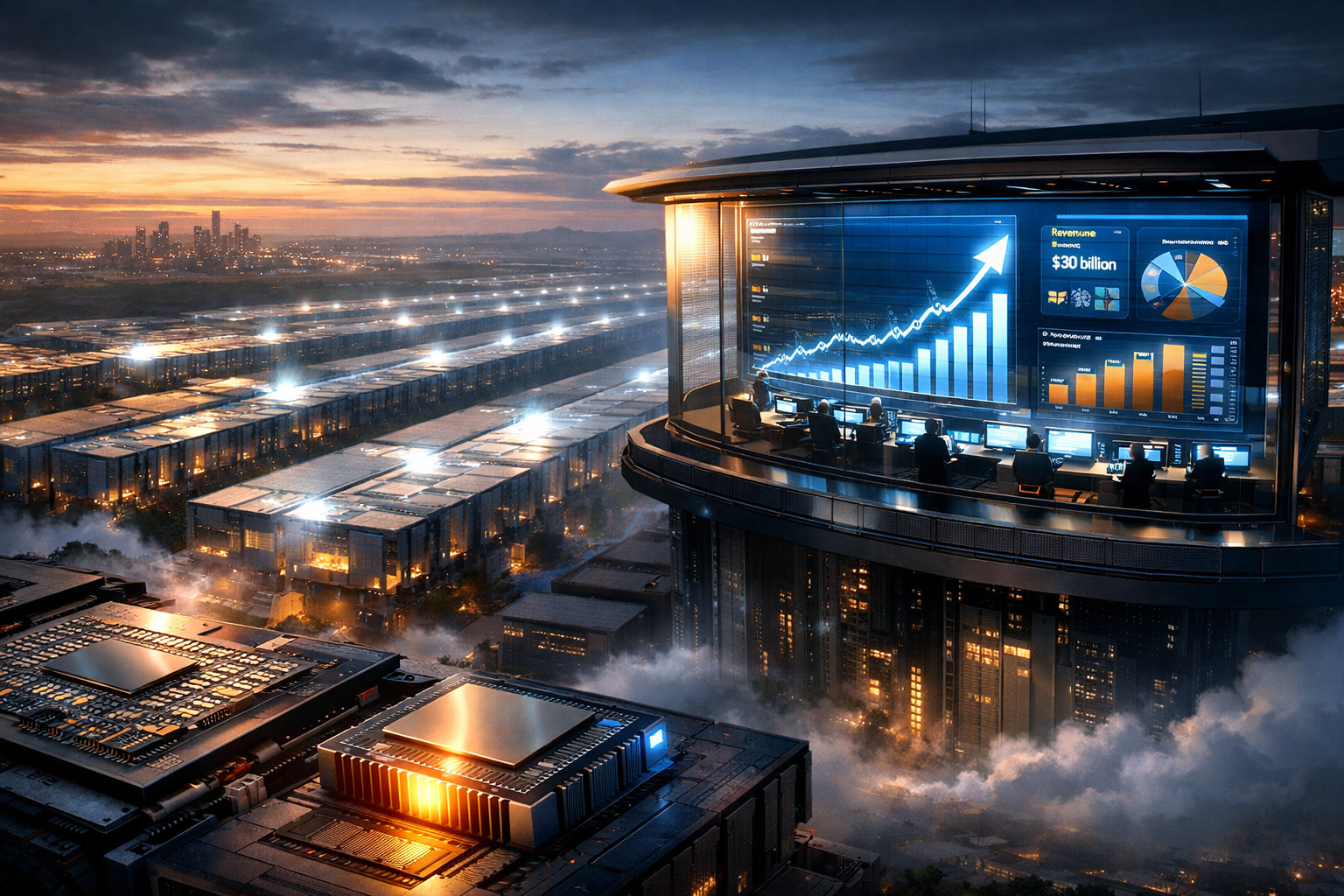 Anthropic-themed AI command center above a massive data center campus, with revenue growth dashboards and advanced TPU chip infrastructure symbolizing the company’s $30 billion annualized revenue and major Google-Broadcom compute deal