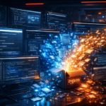 Editorial illustration of a proprietary AI codebase exposed through an npm packaging error with leaked source files across developer screens