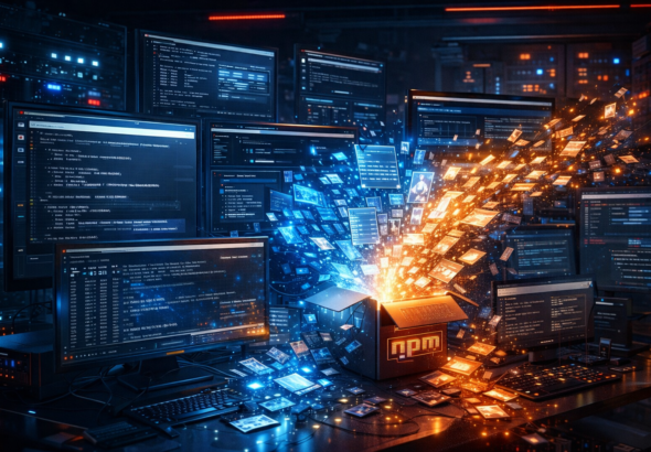 Editorial illustration of a proprietary AI codebase exposed through an npm packaging error with leaked source files across developer screens