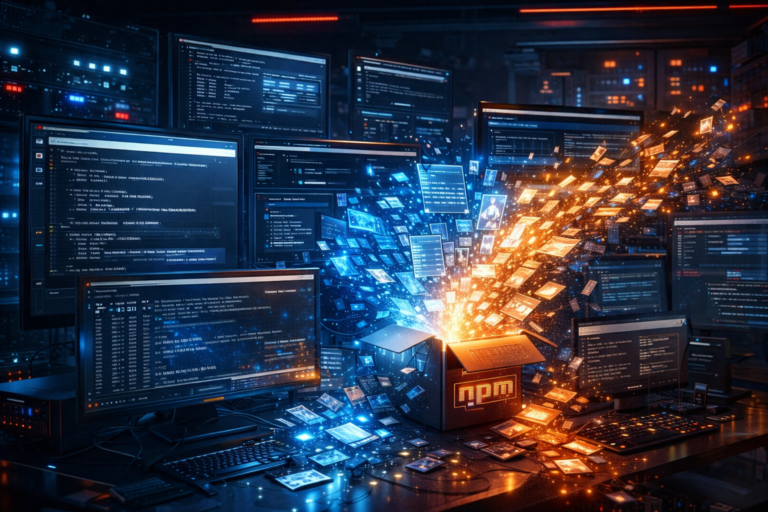 Editorial illustration of a proprietary AI codebase exposed through an npm packaging error with leaked source files across developer screens
