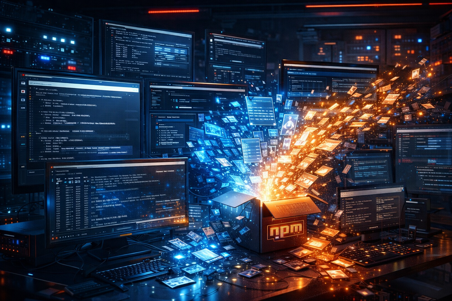 Editorial illustration of a proprietary AI codebase exposed through an npm packaging error with leaked source files across developer screens