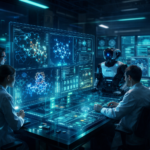 Futuristic biotech lab where scientists and an AI system analyze protein structures and small-molecule interactions for drug discovery