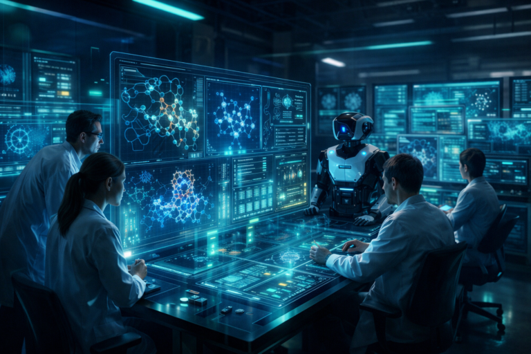 Futuristic biotech lab where scientists and an AI system analyze protein structures and small-molecule interactions for drug discovery