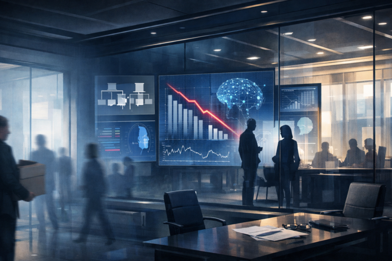 Editorial illustration of a corporate AI restructuring with workforce cuts, executive leadership changes, and enterprise software dashboards