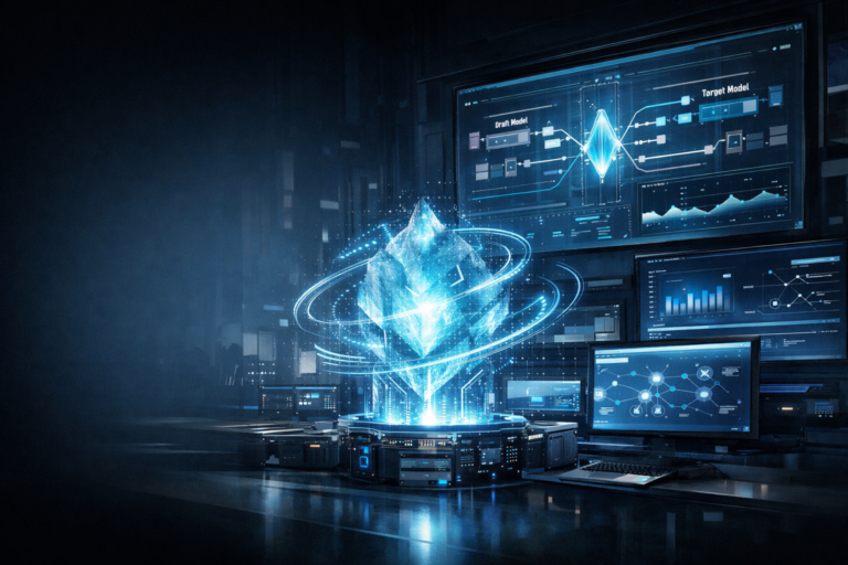 Editorial illustration of Aurora AI inference system in a futuristic research lab with machine learning charts, code, and speculative decoding workflows