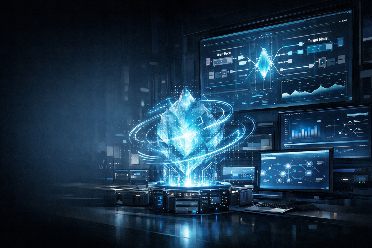 Editorial illustration of Aurora AI inference system in a futuristic research lab with machine learning charts, code, and speculative decoding workflows