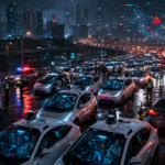 Baidu Apollo Go robotaxis stalled across a Wuhan highway at night during a массовый fleet failure, with stranded passengers and police response