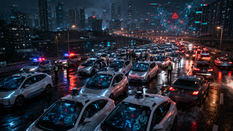 Baidu Apollo Go robotaxis stalled across a Wuhan highway at night during a массовый fleet failure, with stranded passengers and police response