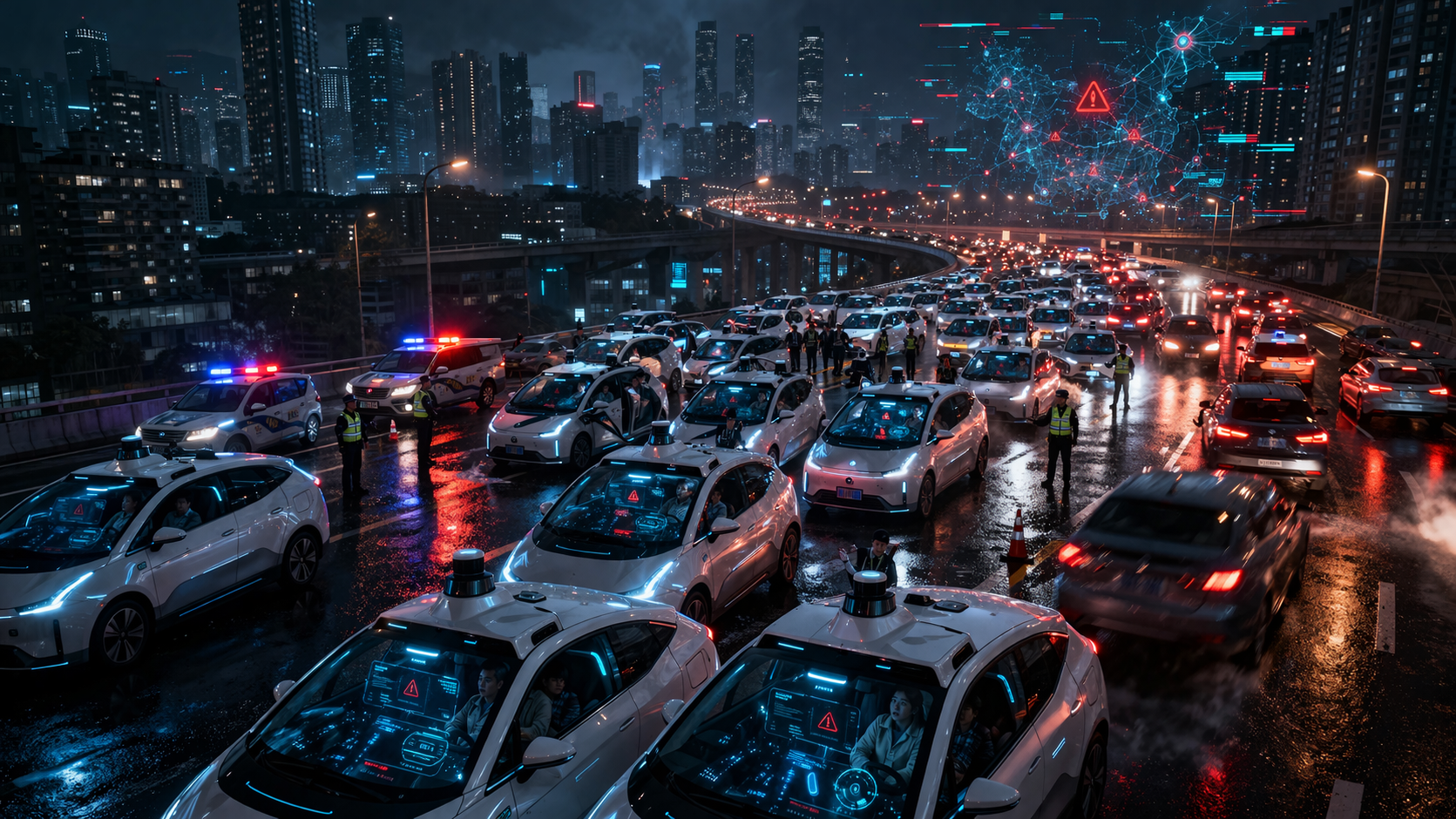 Baidu Apollo Go robotaxis stalled across a Wuhan highway at night during a массовый fleet failure, with stranded passengers and police response