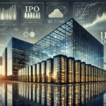 Editorial illustration of a modern data center campus with stock market graphics and IPO signage representing Blackstone’s BXDC AI infrastructure REIT filing.