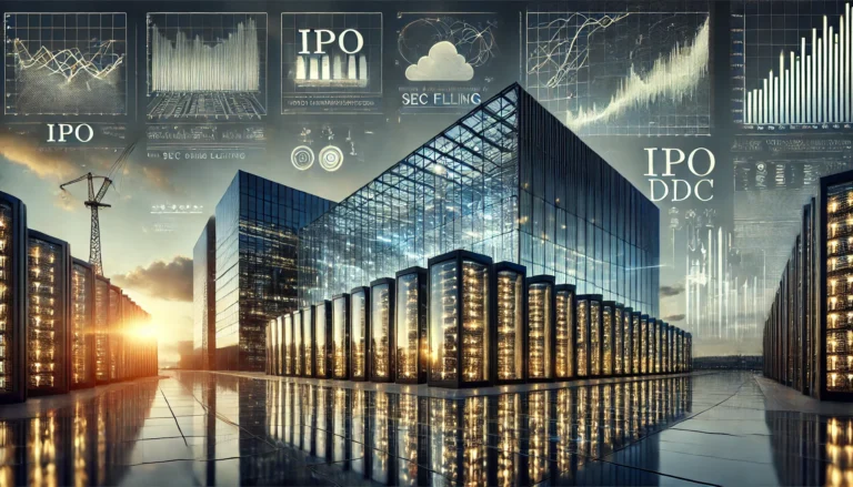 Editorial illustration of a modern data center campus with stock market graphics and IPO signage representing Blackstone’s BXDC AI infrastructure REIT filing.