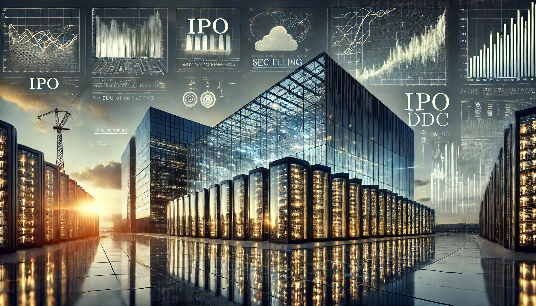 Editorial illustration of a modern data center campus with stock market graphics and IPO signage representing Blackstone’s BXDC AI infrastructure REIT filing.