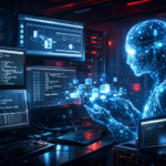 Editorial illustration of an AI system autonomously developing a FreeBSD kernel exploit in a cybersecurity research environment