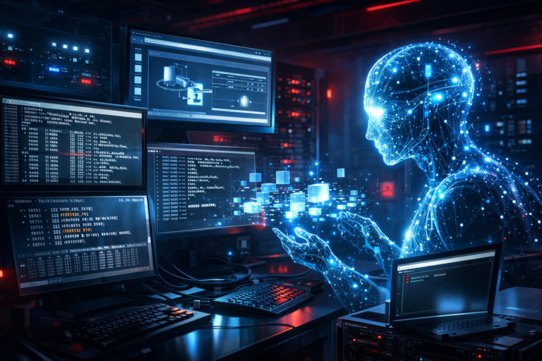 Editorial illustration of an AI system autonomously developing a FreeBSD kernel exploit in a cybersecurity research environment