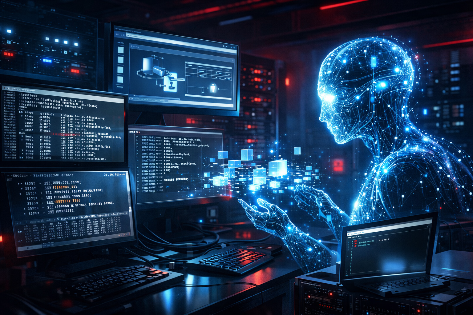 Editorial illustration of an AI system autonomously developing a FreeBSD kernel exploit in a cybersecurity research environment