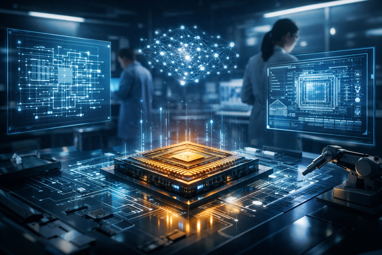 Editorial concept image showing AI-assisted semiconductor design in a futuristic lab with a microchip, holographic chip schematics, and engineers reviewing advanced architecture