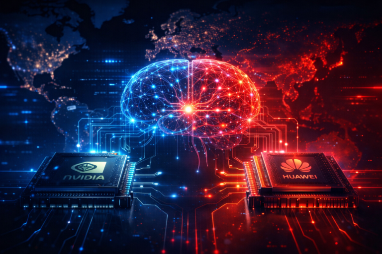 Editorial illustration of DeepSeek V4 running on Huawei AI chips instead of Nvidia hardware