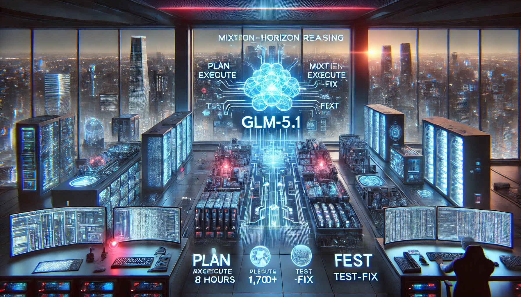 Editorial illustration of GLM-5.1, a Chinese open-weight AI model, shown in a futuristic Beijing AI control room with glowing servers, semiconductor hardware, neural network interface, and long-horizon reasoning workflow.