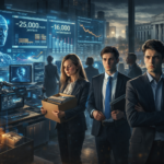 Young office workers in a corporate setting facing AI automation, with dashboards showing job losses and economic data, illustrating Goldman Sachs research on AI-driven employment disruption in the U.S. labor market