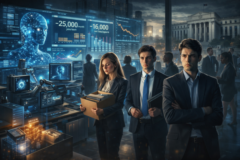 Young office workers in a corporate setting facing AI automation, with dashboards showing job losses and economic data, illustrating Goldman Sachs research on AI-driven employment disruption in the U.S. labor market