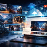 Google Veo 3.1 inside Google Vids on a laptop screen, showing free AI video generation for Gmail users with connected cloud publishing tools