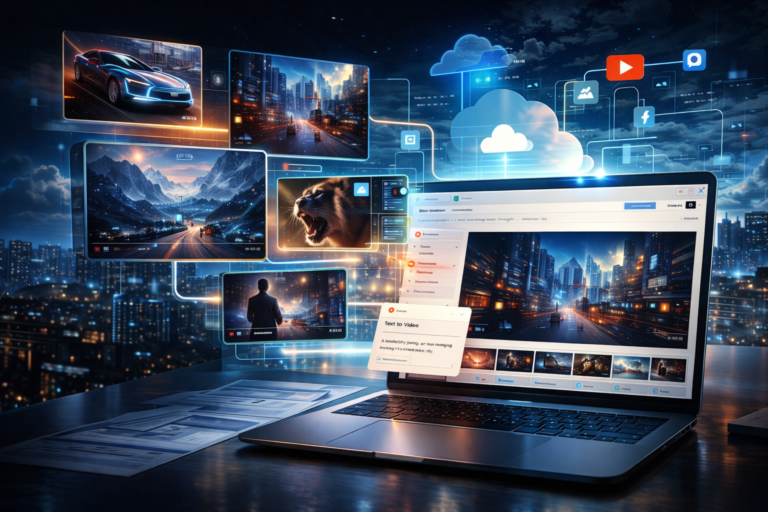 Google Veo 3.1 inside Google Vids on a laptop screen, showing free AI video generation for Gmail users with connected cloud publishing tools