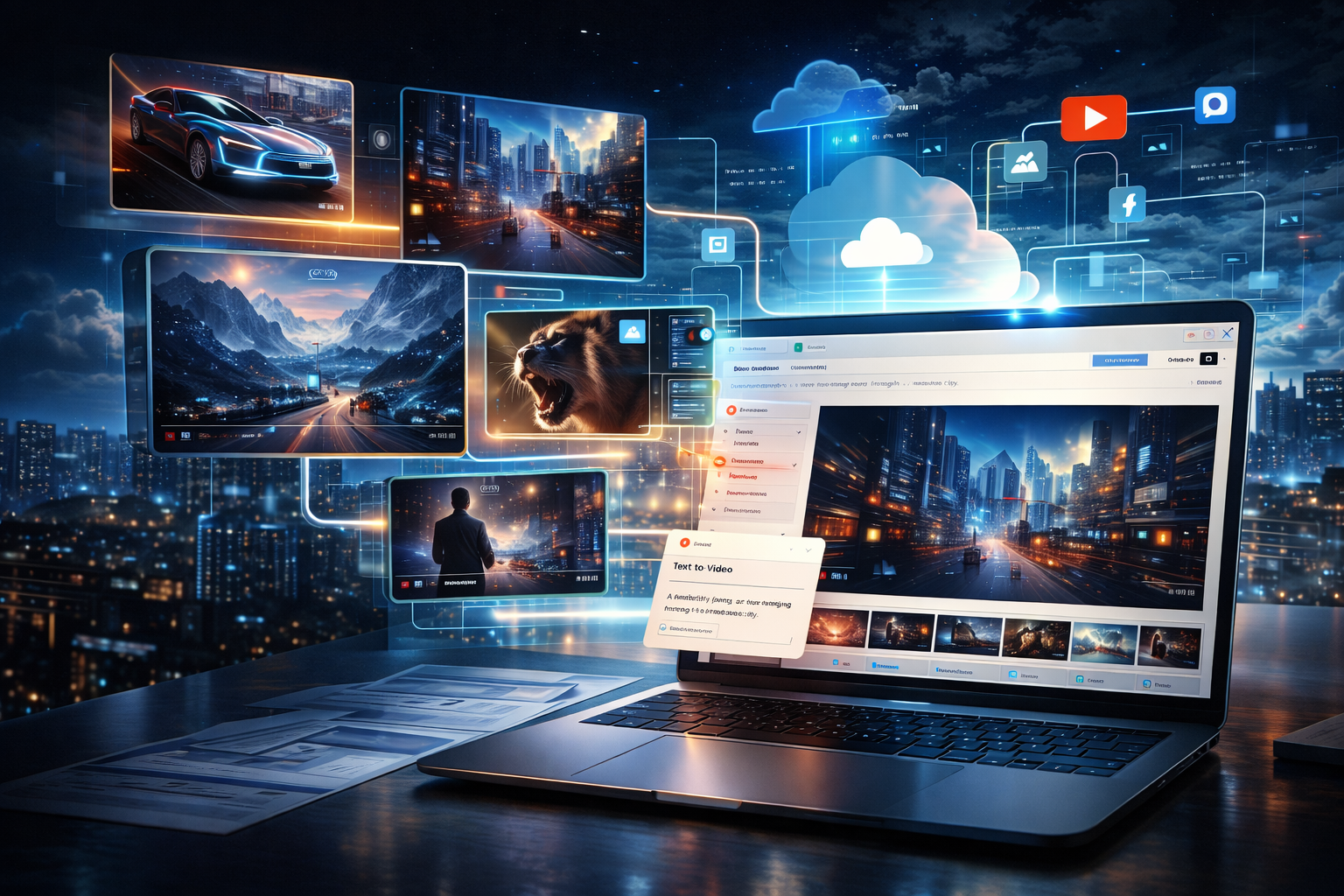 Google Veo 3.1 inside Google Vids on a laptop screen, showing free AI video generation for Gmail users with connected cloud publishing tools