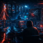 Futuristic cybersecurity operations center showing hackers exploiting a poisoned open-source software package to breach Mercor’s systems and exfiltrate sensitive data